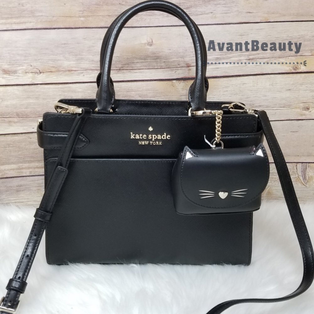 Kate Spade New York Staci Medium Satchel Black Crossbody With Cat Meow Key Fob
